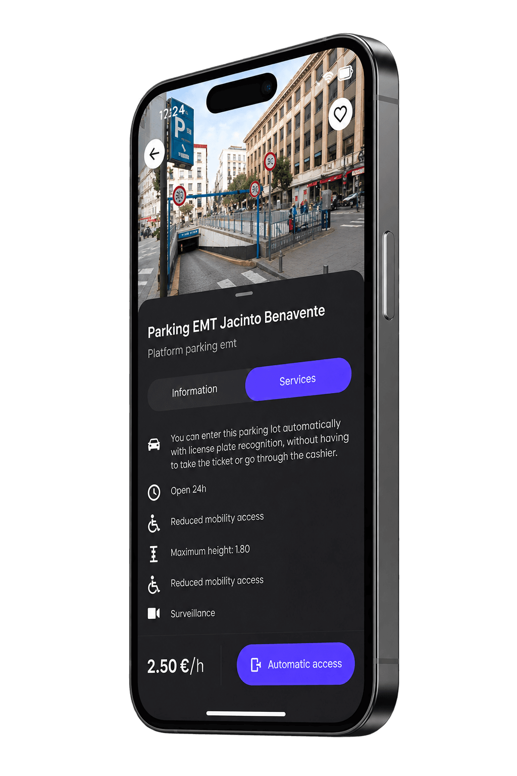 Detalle de parking con acceso automático en la app de LetMePark